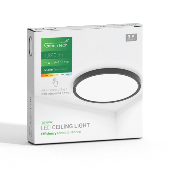 LED plafonjera Green Tech 18W 5 CCT 3000K-3500K-4000K-5000K-6500K, Ø 22 cm crna - Slika 5