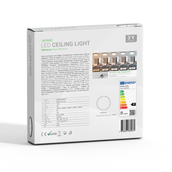 LED plafonjera Green Tech 18W 5 CCT 3000K-3500K-4000K-5000K-6500K, Ø 22 cm crna - Slika 7