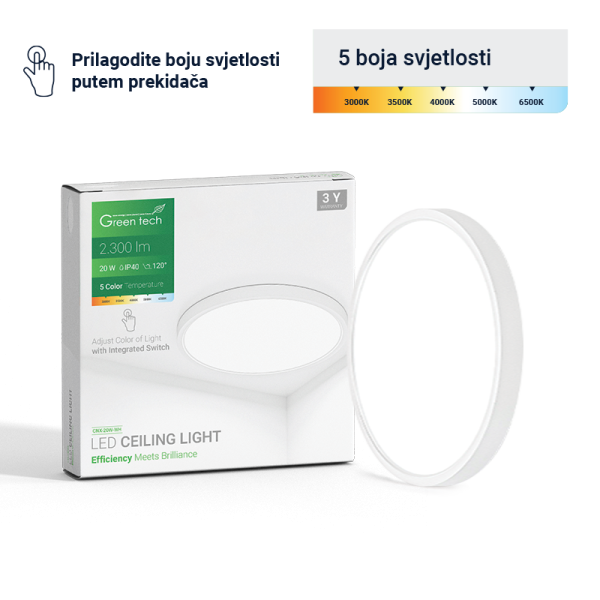 LED plafonjera Green Tech 20W 5 CCT 3000K-3500K-4000K-5000K-6500K, Ø 30 cm bijela