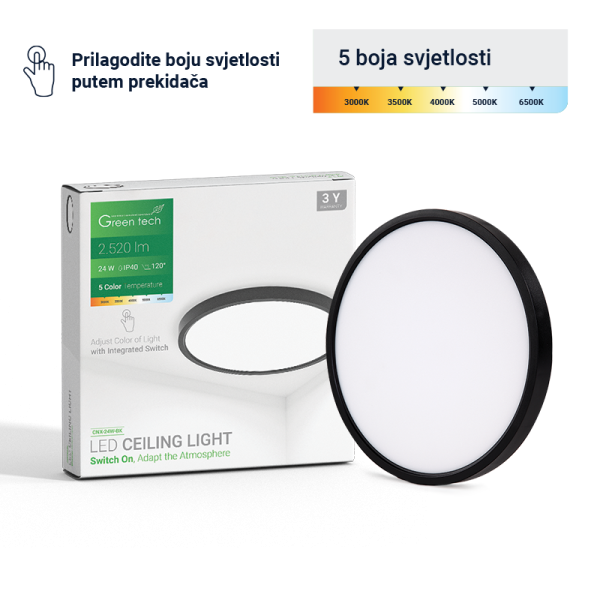 LED plafonjera Green Tech 24W 5 CCT 3000K-3500K-4000K-5000K-6500K, Ø 40 cm Crna