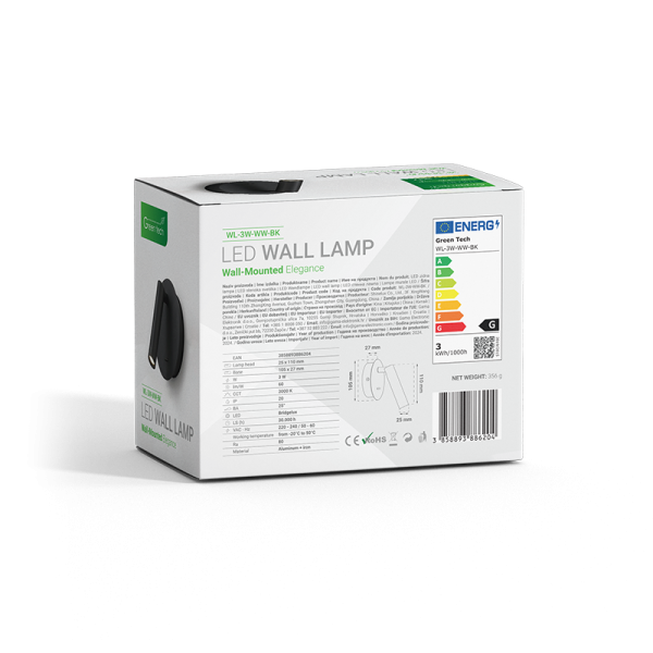 LED zidna lampa Green Tech 3W, 3000K, crna boja - WL-3W-WW-BK - Slika 7