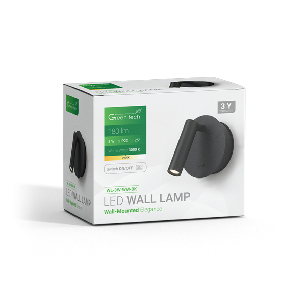 LED zidna lampa Green Tech 3W, 3000K, crna boja - WL-3W-WW-BK - Slika 5