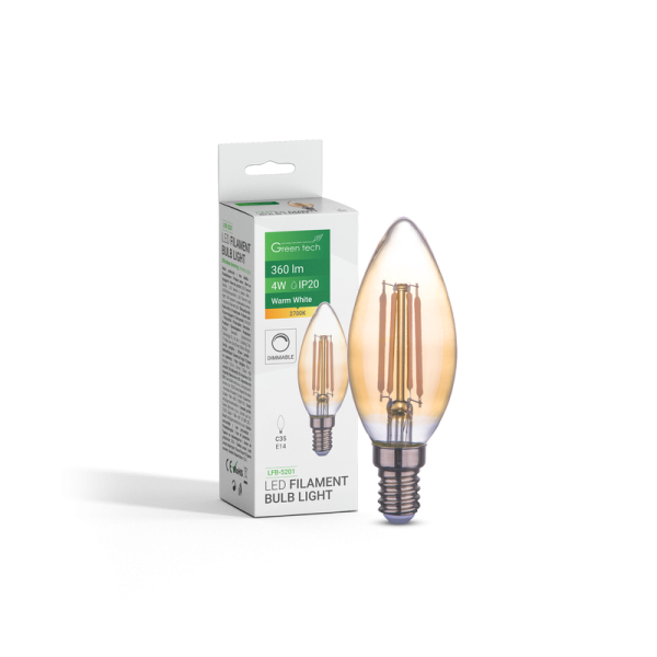 LED filament žarulja Green Tech 4W, 2700K, E14, AC220V, C35, amber, dimabilna - LFB-5201