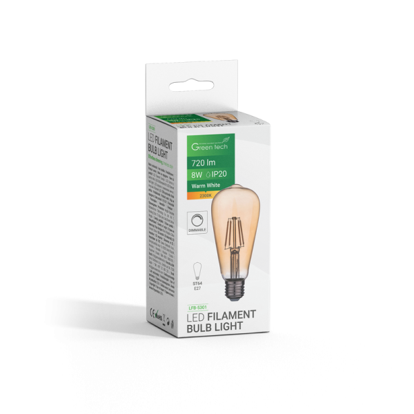 LED filament žarulja Green Tech 8W, 2300K, E27, AC220V, ST64, amber, dimabilna - LFB-5301 - Slika 5