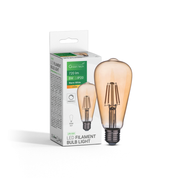 LED filament žarulja Green Tech 8W, 2300K, E27, AC220V, ST64, amber, dimabilna - LFB-5301