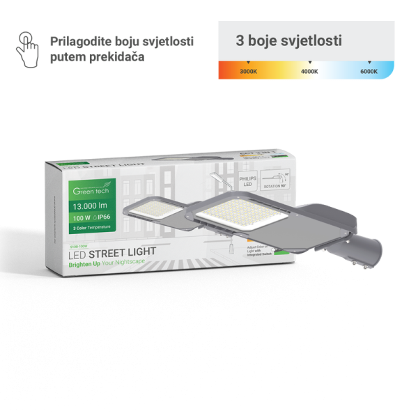 LED ulična svjetiljak Green Tech 100W 3CCT 13000lm Philips LED